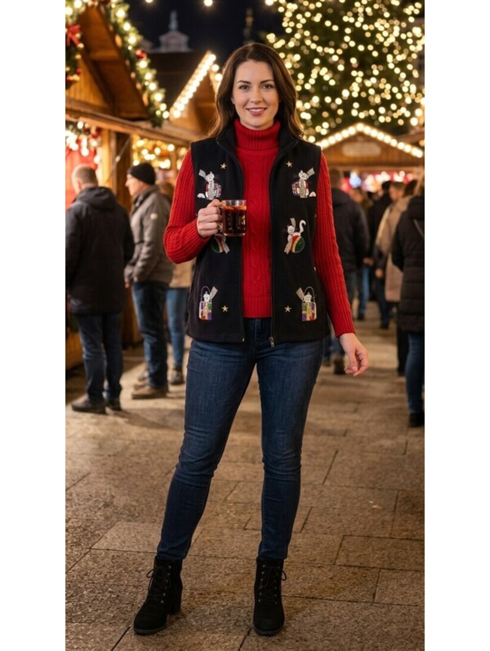 Draper's & Damon's Christmas Cat Vest Women's L Black Fleece Y2K Retro Holiday